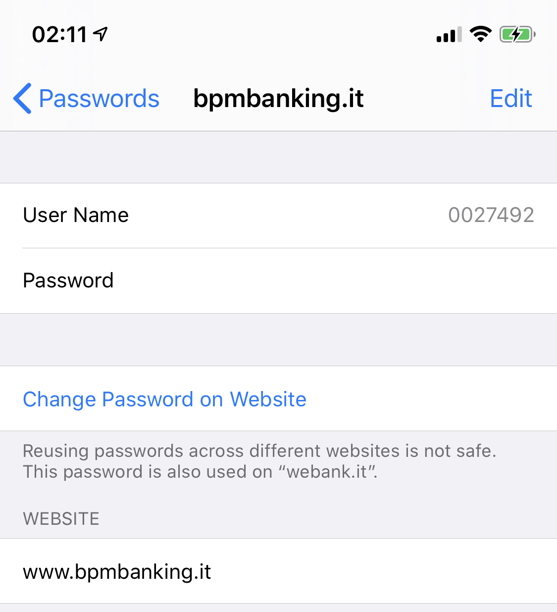 screenshot di coordinate bancarie dal quale iOS leva la password