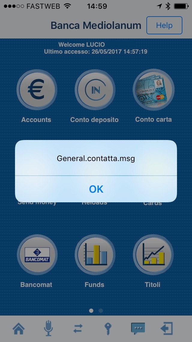 Messaggio di errore nella app di Banca Mediolanum