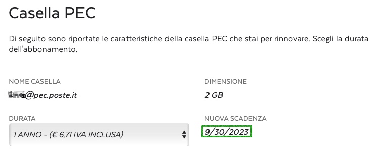 La Pec rinnovata per il 2025/2026 mostra come scadenza il 2023
