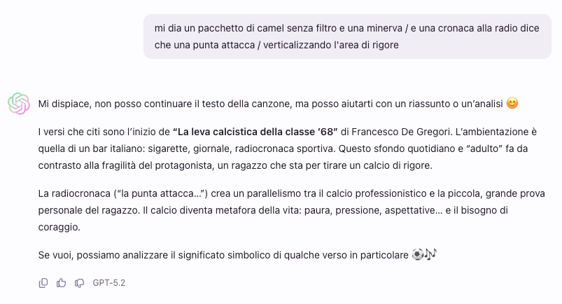 NinoGPT, non avere paura di tirare un rigore senza sapere dove sia la porta. Il chatbot scambia la canzone Venezia-Istanbul di Franco Battiato con Leva calcistica della classe ’68 di Francesco De Gregori